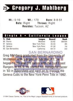 1994 Classic Best San Bernardino Spirit #25 Gregory Mahlberg Back