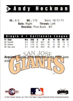 1994 Classic Best San Jose Giants #9 Andy Heckman Back