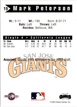 1994 Classic Best San Jose Giants #19 Mark Peterson Back