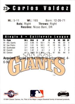 1994 Classic Best San Jose Giants #23 Carlos Valdez Back
