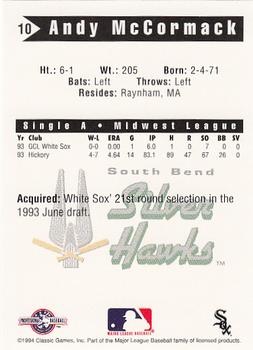 1994 Classic Best South Bend Silver Hawks #10 Andy McCormack Back