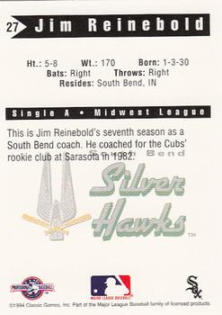 1994 Classic Best South Bend Silver Hawks #27 Jim Reinebold Back