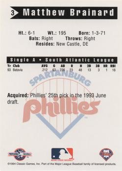 1994 Classic Best Spartanburg Phillies #3 Matthew Brainard Back