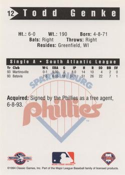 1994 Classic Best Spartanburg Phillies #12 Todd Genke Back