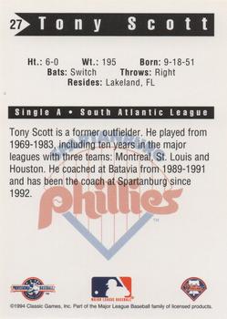 1994 Classic Best Spartanburg Phillies #27 Tony Scott Back