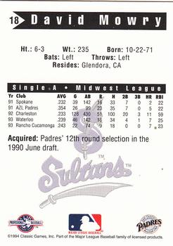 1994 Classic Best Springfield Sultans #18 David Mowry Back