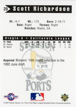 1994 Classic Best Stockton Ports #20 Scott Richardson Back