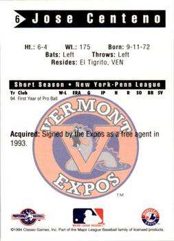 1994 Classic Best Vermont Expos #6 Jose Centeno Back