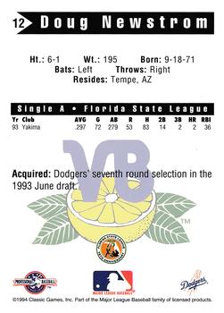 1994 Classic Best Vero Beach Dodgers #12 Doug Newstrom Back