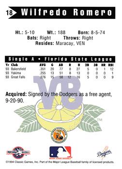 1994 Classic Best Vero Beach Dodgers #18 Wilfredo Romero Back