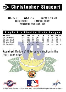 1994 Classic Best Vero Beach Dodgers #20 Christopher Sinacori Back