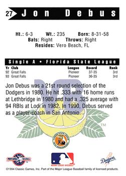 1994 Classic Best Vero Beach Dodgers #27 Jon Debus Back