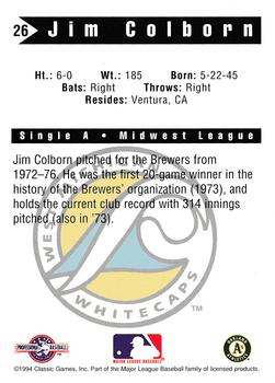 1994 Classic Best West Michigan Whitecaps #26 Jim Colborn Back