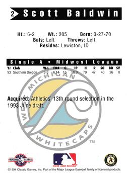1994 Classic Best West Michigan Whitecaps #2 Scott Baldwin Back