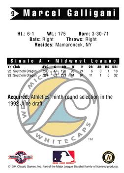 1994 Classic Best West Michigan Whitecaps #9 Marcel Galligani Back