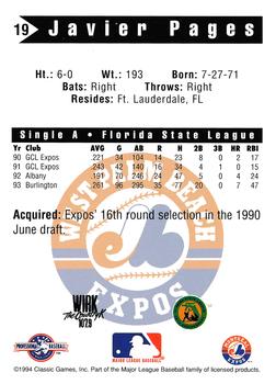 1994 Classic Best West Palm Beach Expos #19 Javier Pages Back
