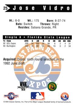 1994 Classic Best West Palm Beach Expos #25 Jose Vidro Back