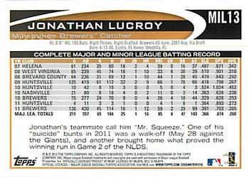 2012 Topps Milwaukee Brewers #MIL13 Jonathan Lucroy Back