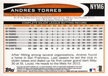 2012 Topps New York Mets #NYM6 Andres Torres Back