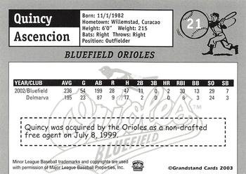 2003 Grandstand Bluefield Orioles #NNO Quincy Ascencion Back