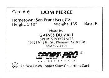 1988 Sport Pro Butte Copper Kings #16 Dom Pierce Back