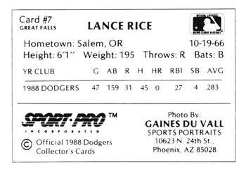 1988 Sport Pro Great Falls Dodgers #7 Lance Rice Back