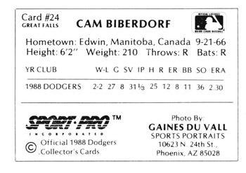 1988 Sport Pro Great Falls Dodgers #24 Cam Biberdorf Back