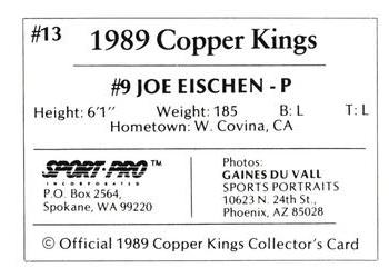 1989 Sport Pro Butte Copper Kings #13 Joe Eischen Back