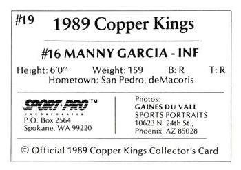1989 Sport Pro Butte Copper Kings #19 Manny Garcia Back
