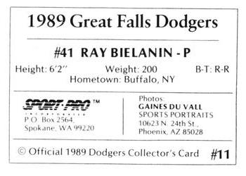 1989 Sport Pro Great Falls Dodgers #11 Ray Bielanin Back