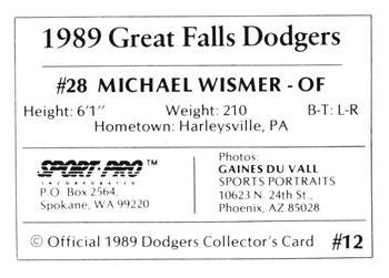 1989 Sport Pro Great Falls Dodgers #12 Michael Wismer Back