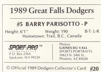 1989 Sport Pro Great Falls Dodgers #20 Barry Parisotto Back