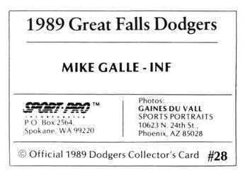 1989 Sport Pro Great Falls Dodgers #28 Mike Galle Back
