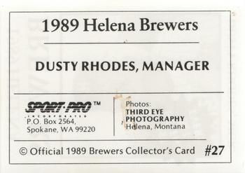 1989 Sport Pro Helena Brewers #27 Dusty Rhodes Back