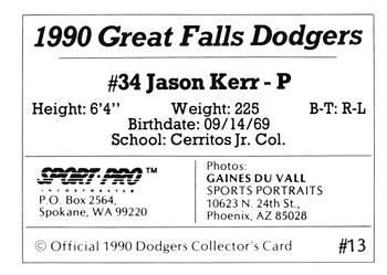 1990 Sport Pro Great Falls Dodgers #13 Jason Kerr Back