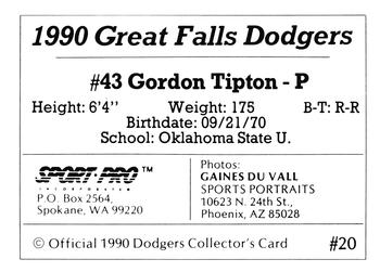 1990 Sport Pro Great Falls Dodgers #20 Gordon Tipton Back