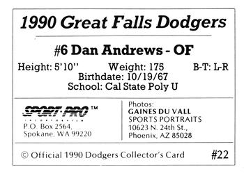 1990 Sport Pro Great Falls Dodgers #22 Dan Andrews Back