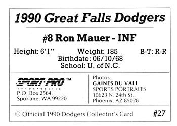 1990 Sport Pro Great Falls Dodgers #27 Ron Mauer Back