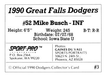 1990 Sport Pro Great Falls Dodgers #3 Mike Busch Back
