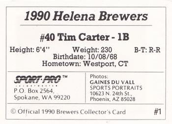1990 Sport Pro Helena Brewers #1 Tim Carter Back