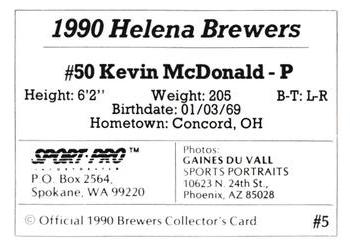 1990 Sport Pro Helena Brewers #5 Kevin McDonald Back