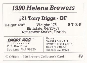 1990 Sport Pro Helena Brewers #9 Tony Diggs Back