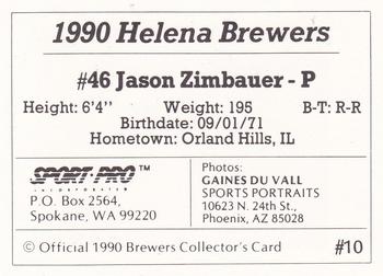 1990 Sport Pro Helena Brewers #10 Jason Zimbauer Back