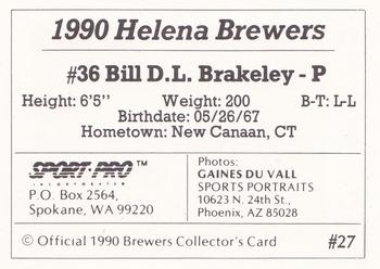 1990 Sport Pro Helena Brewers #27 Bill Brakeley Back