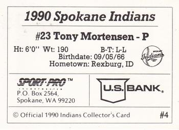 1990 Sport Pro Spokane Indians #4 Tony Mortensen Back