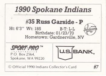 1990 Sport Pro Spokane Indians #7 Russ Garside Back