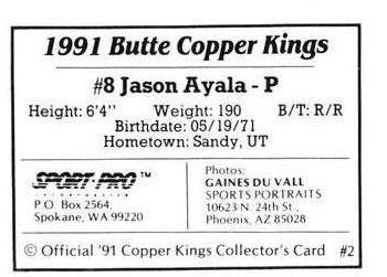 1991 Sport Pro Butte Copper Kings #2 Jason Ayala Back