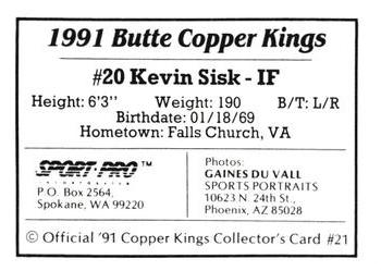 1991 Sport Pro Butte Copper Kings #21 Kevin Sisk Back