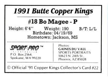 1991 Sport Pro Butte Copper Kings #22 Bo Magee Back