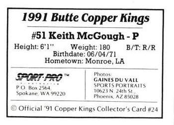 1991 Sport Pro Butte Copper Kings #24 Keith McGough Back